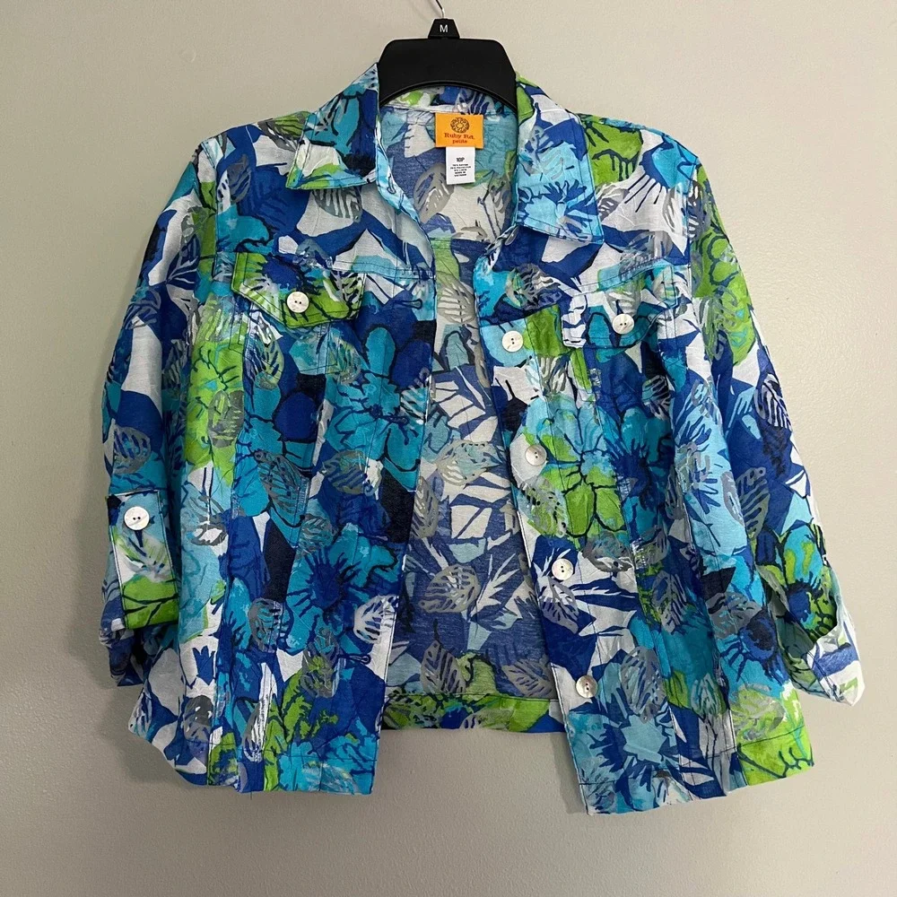 Ruby Rd‎ Petite Blue Green Tropical Floral Button Front Jacket sz 10P resort
